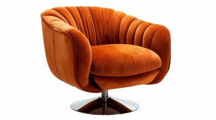 Retro-inspired orange velvet armchair with a polished metal base, capturing both comfort and style, isolated background