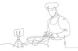 Cook is preparing food in the kitchen.Chef is in uniform.One continuous line.Blogger male character. Internet blogging, online broadcasting.Continuous line drawing.Line Art isolated white background.