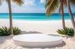 Podium on beach. Seashore with empty white stage. Blue ocean and tropical palms. Empty scene for product presentation. Marketing promotion. Outdoors pedestal. Minimal showcase, vacation scene