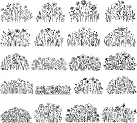 Set of twenty hand-drawn wildflower meadows for printing, engraving , coloring and so on. Vector illustration.