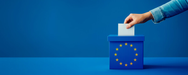 Voting for the European Union election, a hand putting a ballot paper into a ballot box on a blue background with copy space