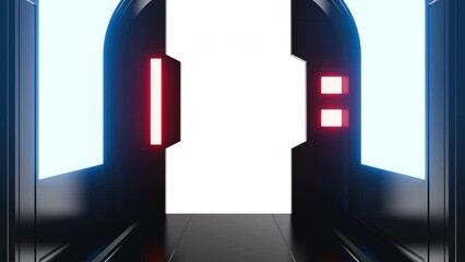 Wall Mural - futuristic opening gate or door in black moving sci fi technology tunnel or room with neon light. re