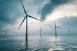 Majestic wind turbines under stormy skies over ocean waves