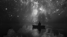 A Man Sitting In Boat Under Milky Way. Aerial View With Starry Sky. Paddling And Ecotourism.