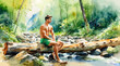 Athlete handsome men shirtless sitting on a big wooden log by the stream in the forest, watercolor painting style, generative AI.