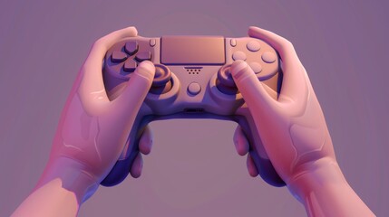 Playing computer games online. Cartoon 3d hands hold console