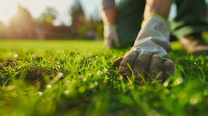 Close up view of professional worker laying lawn grass rolls, modern landscape artist doing backyard