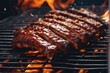 'american bbq ribs cooking grill food rib grilling bar-b-q pork meat flames fire hot meal selective focus smoke'