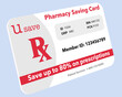 A generic, mock pharmacy saving card is seen in this 3-d illustration about saving money on prescription drugs with this coupon..