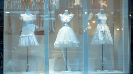 Wall Mural - Three white dresses are displayed in a window, each with a different style