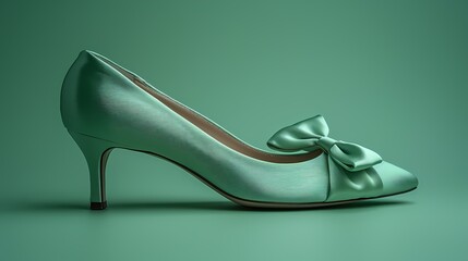 Wall Mural - A chic and stylish satin sleeper shoe mockup on a solid green background, emphasizing its bow detail and round toe, all photographed in high definition to showcase its feminine and elegant appeal