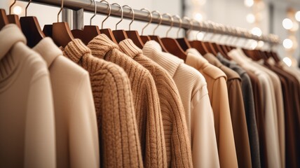 Wall Mural - a collection of light brown sweaters neatly arranged on hangers in a well-lit and stylish boutique setting. the classic and timeless appeal of these sweaters.