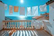 Freshly washed clothes hanging on the balcony with a bright blue sky professional photography