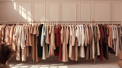 Wall Mural - a collection of light brown sweaters neatly arranged on hangers in a well-lit and stylish boutique setting. the classic and timeless appeal of these sweaters.