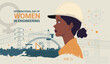 © María Pilar Martínez - A woman wearing a helmet is the main focus of the image. The image is titled 'International Women in Engineering Day' and is designed to celebrate the achievements of women in the field of engineering