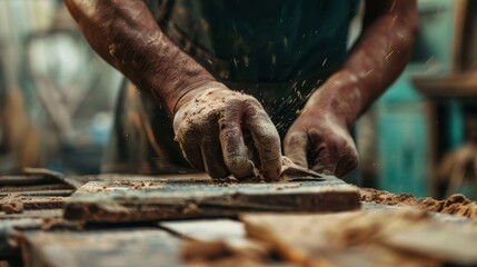 Wall Mural - A Carpenter Carves A Wooden On Desk.