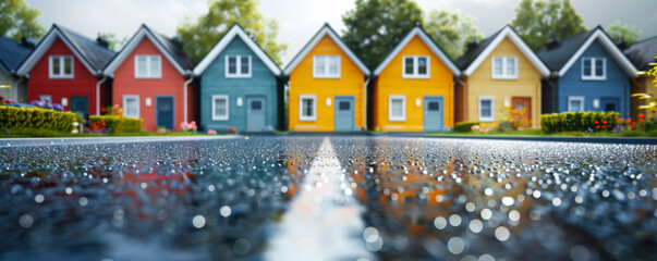 Wall Mural - Close up panoramic view of the asphalt road in countryside with houses on horizon.