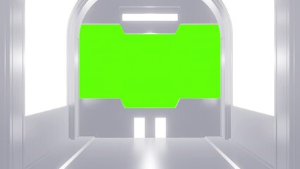 Wall Mural - Futuristic opening gate or door in white moving sci fi technology tunnel or room. Realistic digital animation with green chroma key.