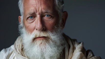 Middle aged man white hair, white beard, blue eyes, wearing antique biblical clothes. Highly detailed fine art portrait.