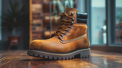 Wall Mural - A trendy and fashionable boot mockup on a solid brown background, capturing its edgy details and urban-inspired aesthetic, all presented in HD to showcase its modern and statement-making design