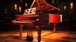 Luxurious grand piano standing on a stage in a big concert hall. Perfect black glossy paint shines in a stage spotlight. Classical instrument ready to perform for talented musicians