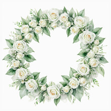 Watercolor White And Green Rose Roses, Rose Flower Wreath Laurel. Decoration For Weddings, Wedding Design, Wedding Invitation, Mother's Day Card.