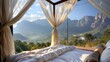 Take in the stunning mountain views from the comfort of your sumptuous fourposter bed. 2d flat cartoon.