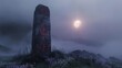 An ancient stone monolith standing on a misty hill, inscribed with magical symbols that glow under the light of a full moon, serving as a beacon for mystical rituals