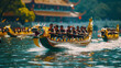 A jubilant Lunar New Year dragon boat race with teams rowing in sync.
