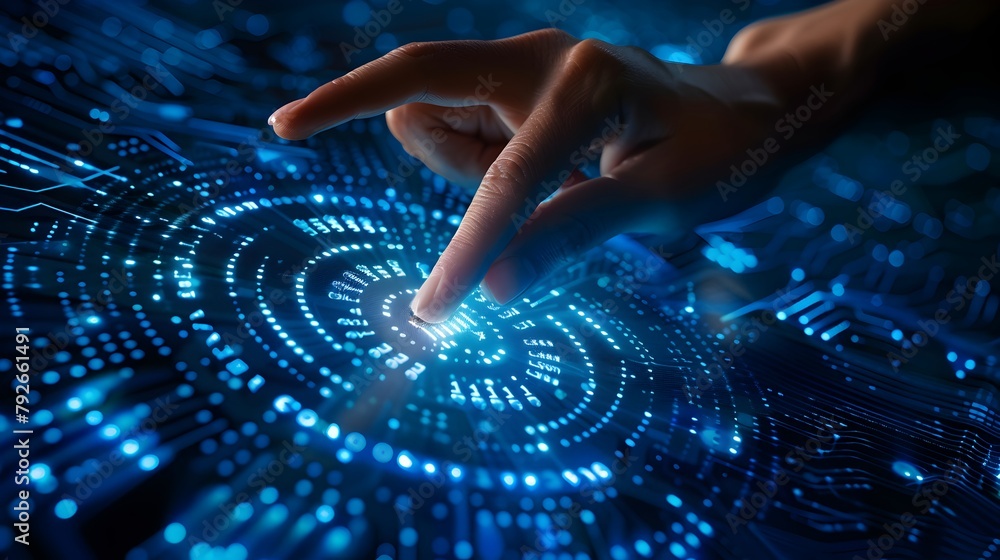 Hand touching digital shield with binary code and virtual background ...