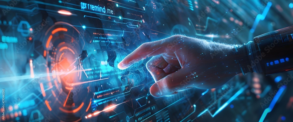 Photo of a human hand touching fingers with a robot in a futuristic ...
