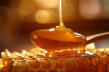 Wall Mural - A spoonful of honey is poured over a honeycomb