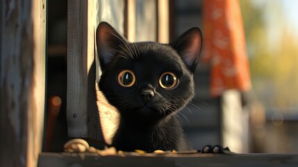 Wall Mural - Curious black kitten peeking out with large golden eyes in soft light