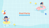 Fototapeta Panele - Kids Pool Party Background vector illustration. Boy and girl having fun in swimming pool. Pastel theme