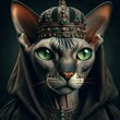 Sphinx cat with green eyes king, in a cloak, monarch