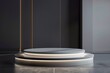 © Regina Gafarova - Minimalistic grey scene. A podium for the presentation of products and cosmetics with free space. An empty platform or stage design with backlight on a dark background.