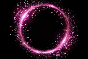 Pink glitter circle of light shine sparkles and pink spark particles in circle frame on black background. Christmas magic stars glow, firework confetti of glittery ring shimmer