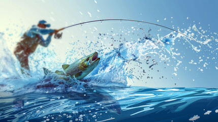 Wall Mural - Stylized digital artwork of a fish being caught, leaping high out of the ocean with a fisherman in the background, capturing the struggle and beauty of sport fishing.