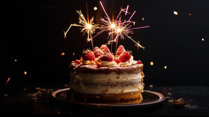 Wall Mural - Elegant birthday cake with sparklers on a dark background. Copy space. Party invitation template. Generative AI