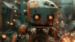 The retro robot, its eyes wide with surprise, sparks shooting from a dented head Cogs and gears pop out of its chest