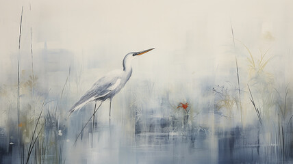 white heron, art work painting in impressionism style, stork on a light gray and blue background, ab