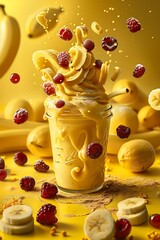 Wall Mural - A jar of banana smoothie with berries and banana floating in the air against a yellow background