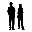 Vector silhouettes of  man and a woman, a couple standing   business people, profile, black olor isolated on white background