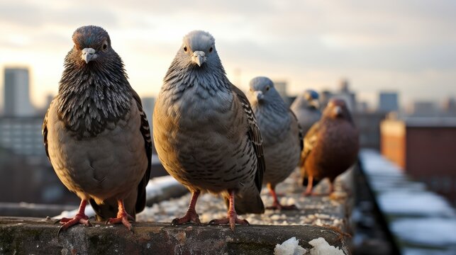 A flock of pigeons elegantly perched on a rooftop