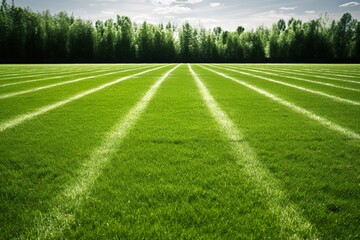 Wall Mural - A pristine green grass of a soccer field adorned with bold white lines