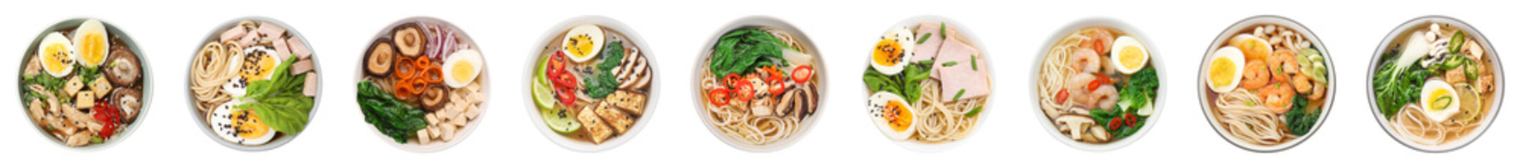 Wall Mural - Set with bowls of delicious ramen with different ingredients isolated on white, top view. Noodle soup