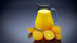 Orange juice jug and half cut oranges on black background. 3D illustration
