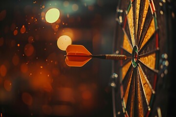 Close-up shot of a bright orange dart hitting the bullseye of a traditional dartboard, warm lighting