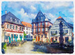 The picturesque medieval city of Heppenheim, Hessen, Germany. Half-timbered houses in the central part of town. Watercolor painting.