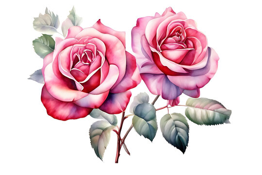 Watercolor painting of two pink roses blooming in the center on a thorny rose stem and green leaves on a white background.